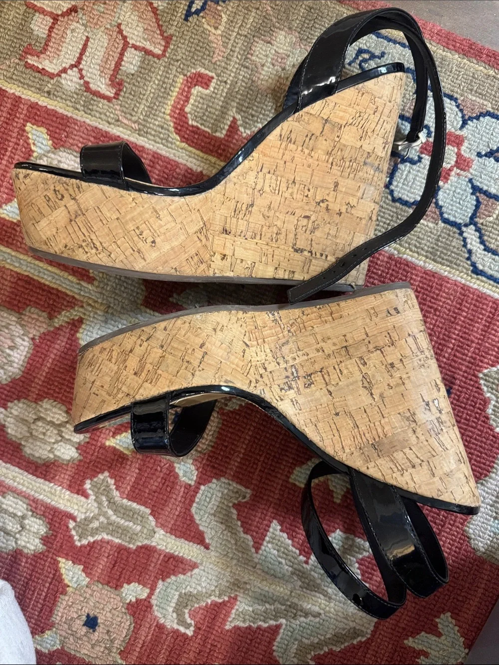 SCHUTZ Black Patent Ankle-Strap Heeled Sandals cork wedge